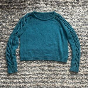 Teal Crewneck Sweater with Braided Hollow Sleeve Detail Size S